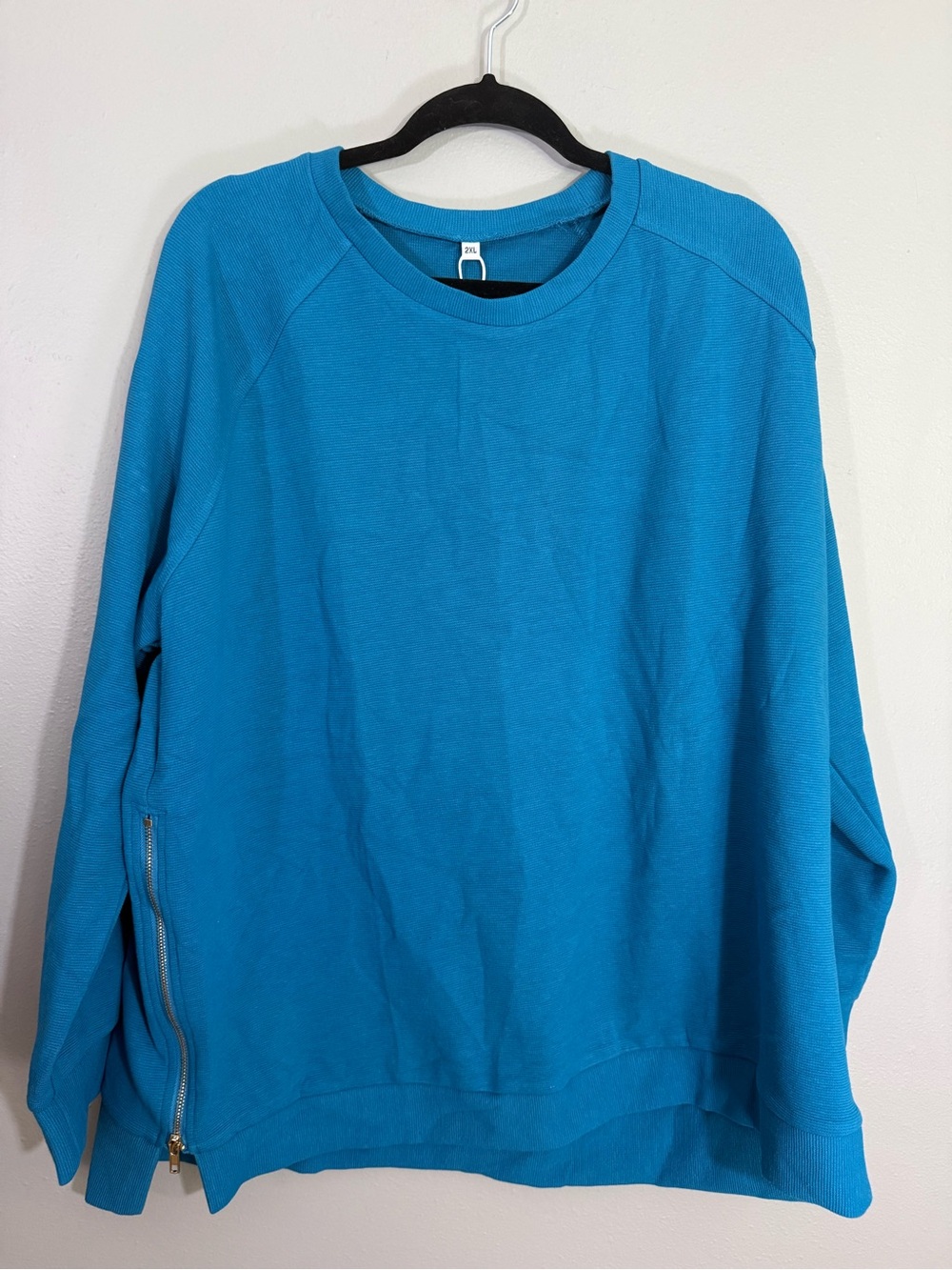 Relaxed Teal Blue Crewneck Sweatshirt with Side Zip